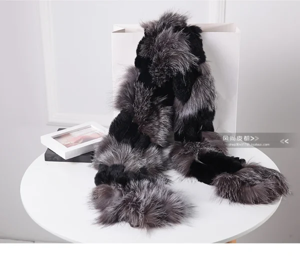 Harppihop pelliccia di volpe argento colore nero nuova pelliccia di volpe c/w sciarpa di pelliccia di coniglio rex avvolgere scialle del capo miglior regalo di natale regalo di compleanno 3