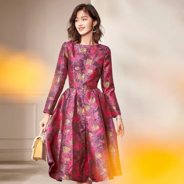 Abito jacquard autunno estate Abito da sera di Capodanno Abito a metà polpaccio stile Inghilterra Abito da festa per donna Abito da ballo HT1137 1