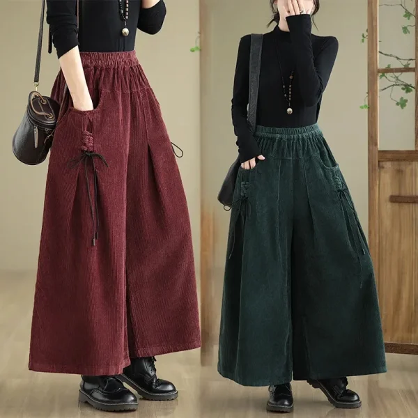 Pantaloni a gamba larga in velluto a coste Primavera Autunno da donna Pantaloni larghi taglie forti Culottes Tasca alla moda Gonna pantalone in vita elastica Donna 3