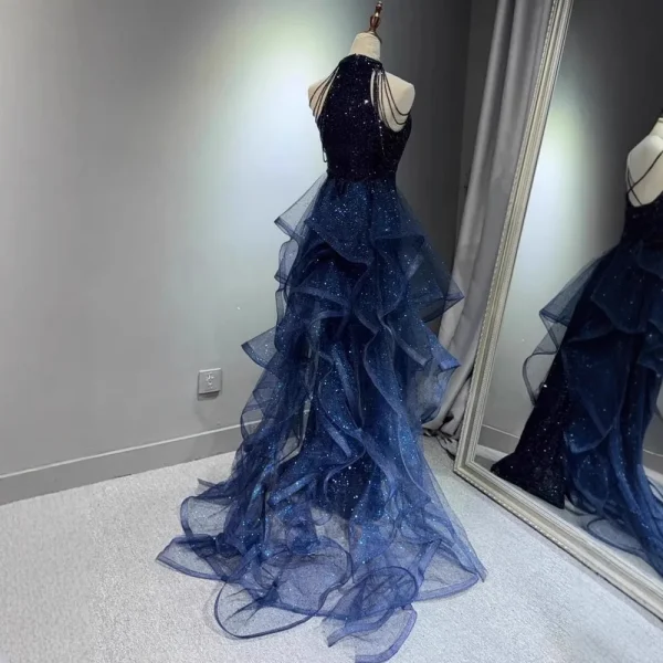 Abiti da sera eleganti blu navy scintillanti Halt Abito da festa con perline Abito da ballo personalizzato 2025 Abiti da sera a strati Sweep Train 2