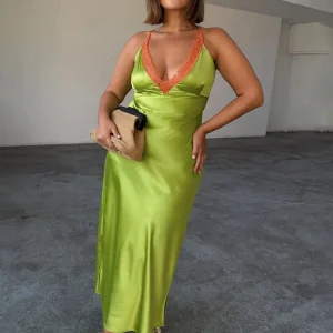 Apprabant Abito maxi sottoveste in raso patchwork di pizzo da donna Scollo a V profondo Abito lungo sottile a contrasto senza maniche sexy senza schienale Partyywear 1