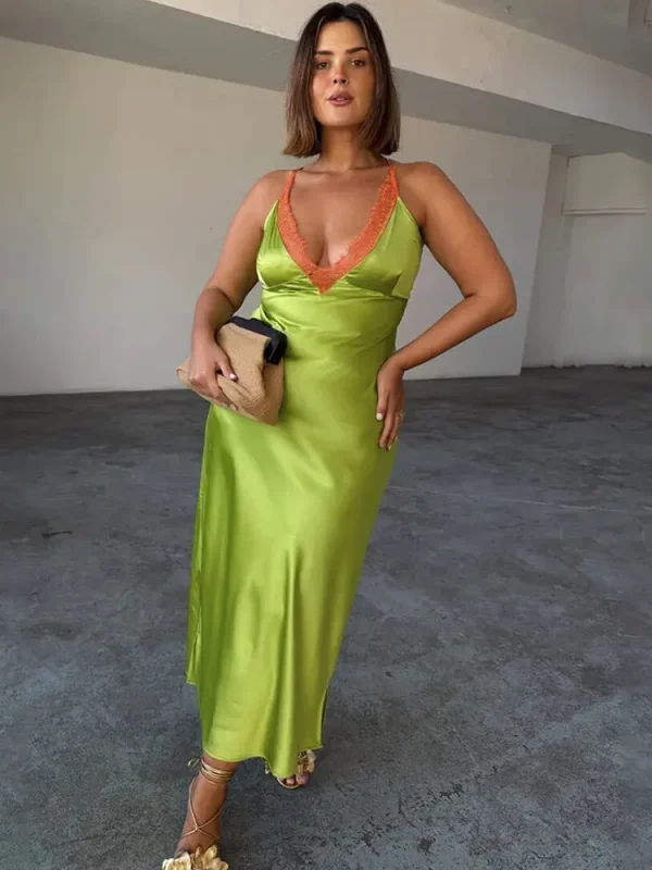 Apprabant Abito maxi sottoveste in raso patchwork di pizzo da donna Scollo a V profondo Abito lungo sottile a contrasto senza maniche sexy senza schienale Partyywear 1