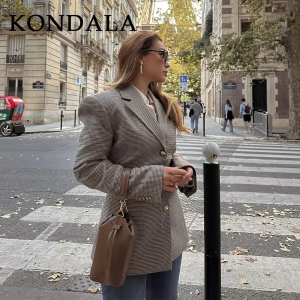 KONDALA 2025 Autunno Inverno Office Lady Pied de poule Giacca da donna Moda Vintage monopetto Elegante coprispalle Bottone Lady Blazer 2