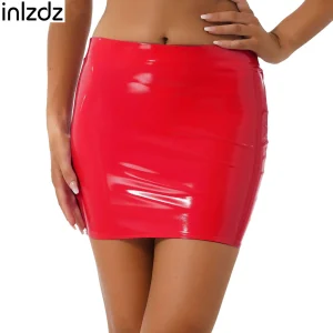 Minigonna in pelle verniciata lucida per donna Tinta unita Cintura elastica Gonna a tubino Costume da festival musicale Abbigliamento quotidiano Clubwear 1