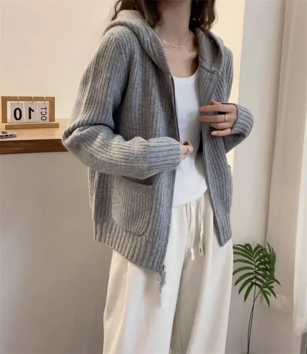 FRSEUCAG allentato casual 100% lana cardigan lavorato a maglia maglione con cappuccio da donna maglione di lana da donna a maniche lunghe corto vendita calda 4