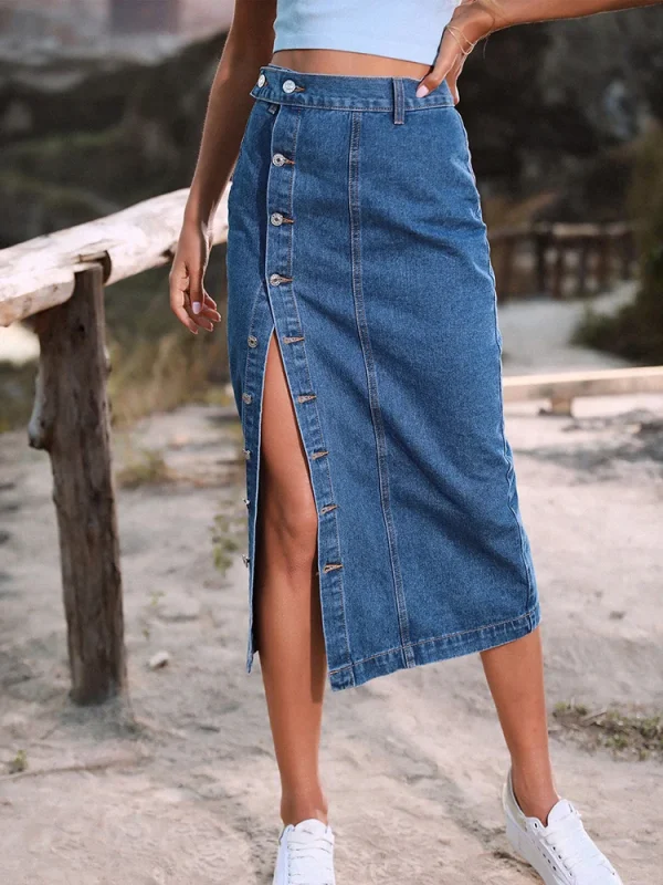 Benuynffy Gonna da donna con bottoni streetwear sexy Autunno Inverno Elegante gonna di jeans Gonne lunghe aderenti casual a vita alta femminile 4