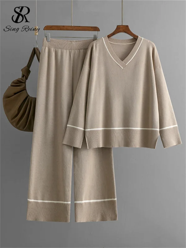 SINGREINY Homewear Knitting set donna scollo a v Split Basic top larghi + vita alta gambe larghe pantaloni Casual autunno inverno 2 pezzi abiti 2