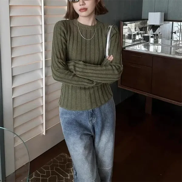Top eleganti in maglia basic tinta unita da donna maglione con o-collo top a maniche lunghe pullover casual sottile moda coreana abiti semplici chic 2