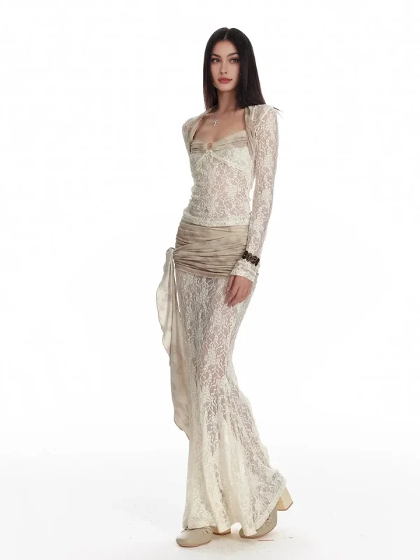 REDDACHiC Donna Coprispalle Top Gonna Set Pizzo floreale Vedere attraverso T-shirt a maniche lunghe Sirena Flowy Maxi Gonna Festival Costumi per feste 6