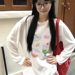 T-shirt bianca a maniche lunghe con stampa animalier coreana per donna Kawaii autunno sciolto versatile casual che tocca il fondo abbigliamento donna oversize 1