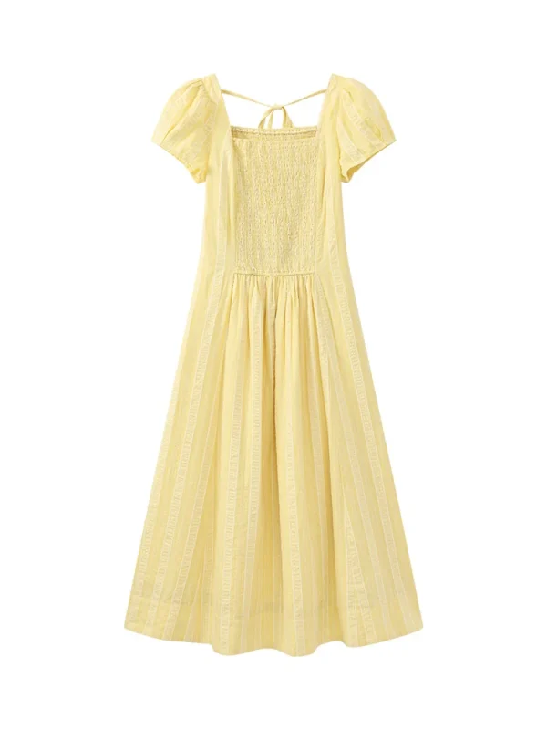 Dolce abito vintage con maniche a sbuffo da donna, scollo quadrato estivo, vita arricciata, linea ad A, abito lungo casual morbido e leggero, look quotidiano 6