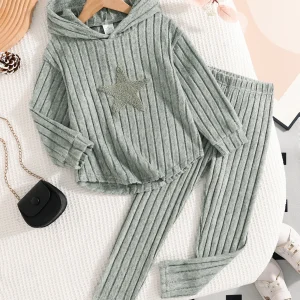 Abbigliamento casual per ragazze autunno e inverno Set da 2 pezzi Felpa con cappuccio a costine lavorata a maglia + Pantaloni a maglia a costine tinta unita in vita elastica Set casual per la casa quotidiana delle ragazze 1