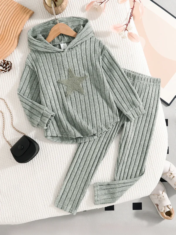 Abbigliamento casual per ragazze autunno e inverno Set da 2 pezzi Felpa con cappuccio a costine lavorata a maglia + Pantaloni a maglia a costine tinta unita in vita elastica Set casual per la casa quotidiana delle ragazze 1