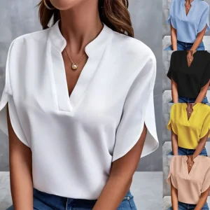 T-shirt con scollo a V da donna, tinta unita, casual, versatile, europea e americana, a maniche corte, per ufficio, bellezza, camicia da donna 1