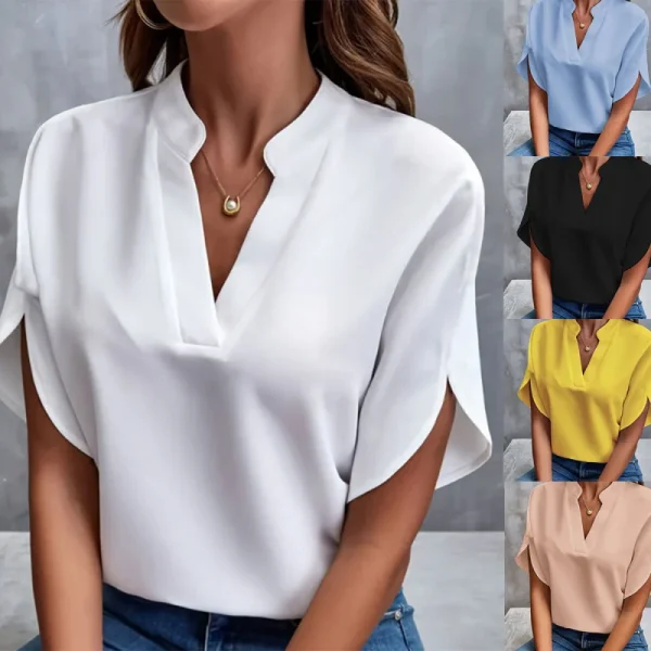 T-shirt con scollo a V da donna, tinta unita, casual, versatile, europea e americana, a maniche corte, per ufficio, bellezza, camicia da donna 1