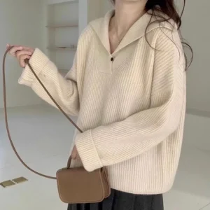 2025 Maglione lavorato a maglia strutturato con colletto blu scuro alla moda da donna Top casual pullover morbido e caldo stile pigro invernale 1