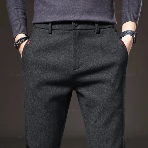 Pantaloni casual da uomo autunnali Business Fashion Elastico in vita Slim Fit Stretch Pantaloni in cotone nero grigio spesso da uomo 1