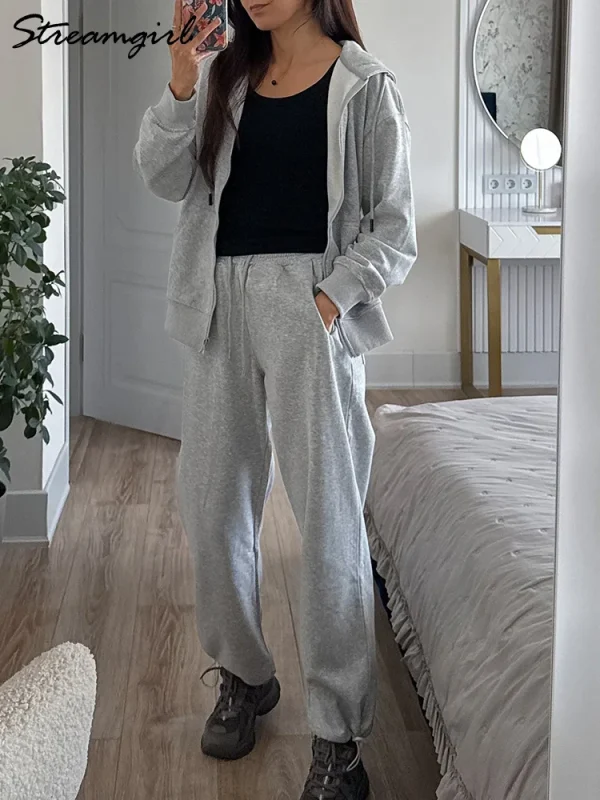 Set di pantaloni sportivi autunnali Felpa oversize bianca da donna con cerniera e tute con cappuccio Set da donna Pantaloni sportivi grigi in due pezzi 5
