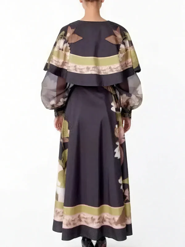 VGH Abiti stile mantella stampati vintage eleganti per donna Scollo a V Manica a lanterna Vita alta Patchwork Abito con fiocco Abiti femminili 2