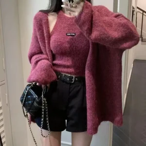 Set due pezzi maglione cardigan lavorato a maglia autunno e inverno, gilet lavorato a maglia di fascia alta autunno e inverno, lavorato a maglia pigro ed elegante 1
