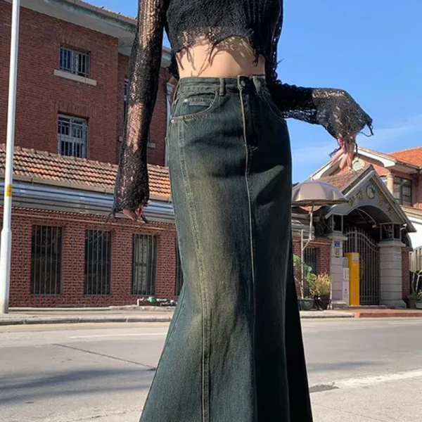 Biyaby Sirena Gonne di jeans Autunno Inverno Donna Fasciatura sexy Gonna lunga fino al pavimento Donna Moda vintage Gonne a vita alta Donna 4