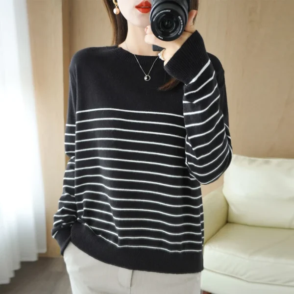 Maglione lavorato a maglia in cotone 100% maglione da donna a righe abbinate ai colori girocollo di grandi dimensioni temperamento allentato manica lunga fondo 4