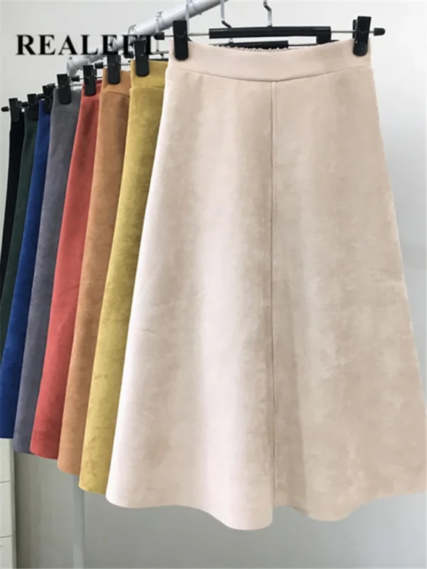 REALEFT Nuovo 2025 Autunno Inverno Donna Pelle Scamosciata Midi Gonne A Vita Alta Multi Colore Elegante A-Line Gonne Ombrello Gonna da Donna Femminile 1