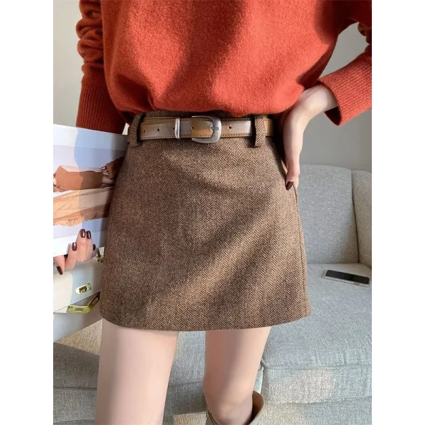 YENKYE Minigonna a trapezio in lana a vita alta vintage da donna Elegante abbigliamento da ufficio da donna Gonne autunno inverno 5