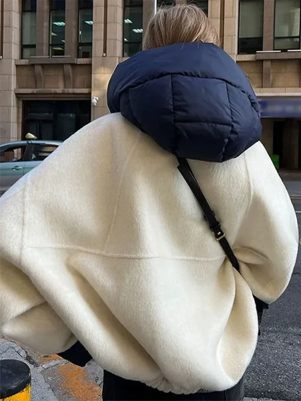 Giacca di lana con cappuccio Cappotto Tasca grande Bottone in metallo Pendolarismo Cappotto corto da donna Capispalla in colore a contrasto Camicetta casual ampia 2
