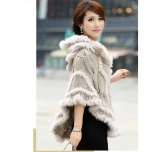 donne libere di trasporto cappotto di pelliccia di coniglio giacca lavorata a maglia vera pelliccia di coniglio poncho scialle avvolgente con cappuccio vendita al dettaglio all'ingrosso 2014 nuovo 1