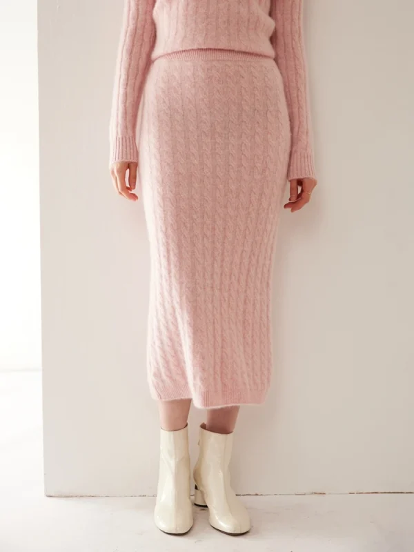 Autunno Inverno 100% Gonna in cashmere Donna Soild a metà polpaccio Vita alta Twist Flower Fit Abito lavorato a maglia dimagrante Leggero Lusso Elegante 4