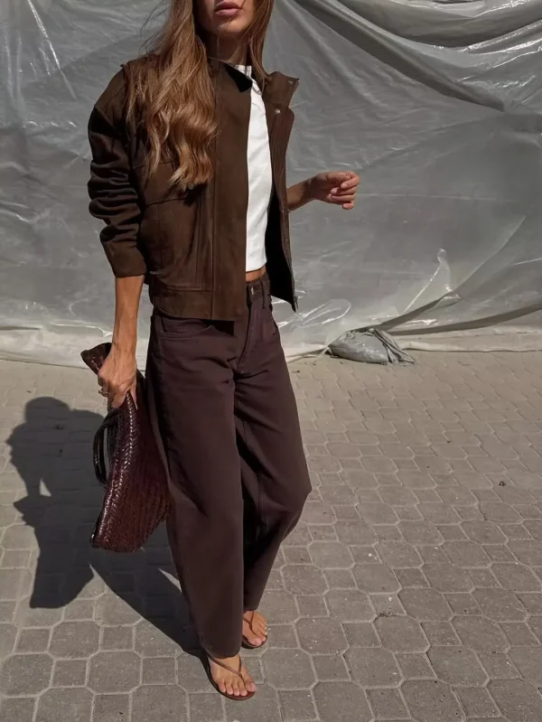 Tidalyf 2025 Giacca da donna in finta pelle scamosciata - Colletto rialzato, Manica lunga, Tasche decorative, Cappotto casual chic autunno inverno con orlo elastico 6