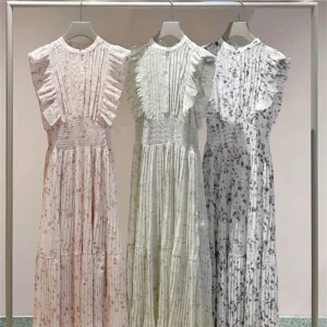 Kuzuwata Nuovo Dolce O Collo Abito con maniche volanti Increspature Chiffon Stampa Patchwork Abito a pieghe Giappone Elegante Letterario Casual Vestido 1