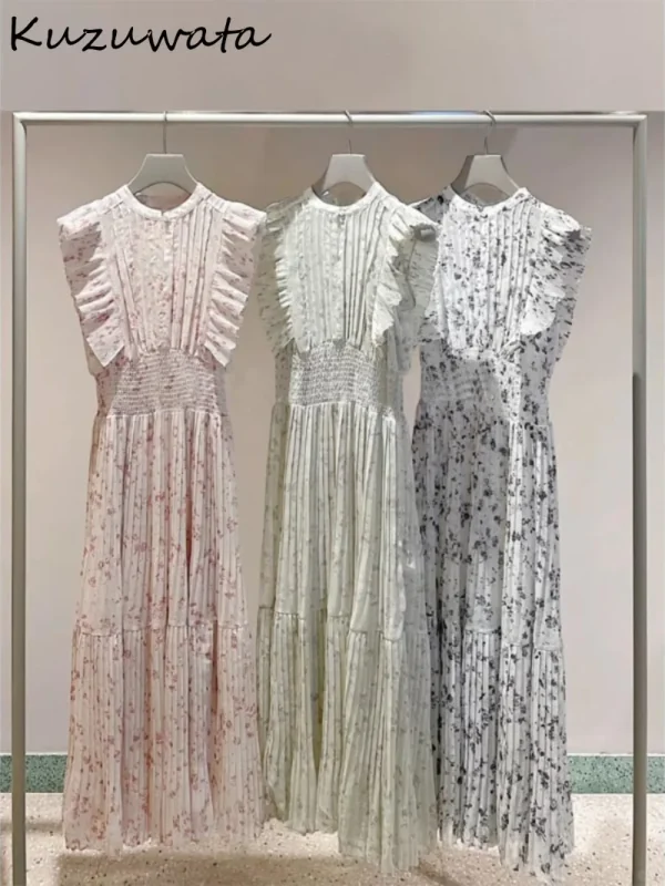 Kuzuwata Nuovo Dolce O Collo Abito con maniche volanti Increspature Chiffon Stampa Patchwork Abito a pieghe Giappone Elegante Letterario Casual Vestido 1