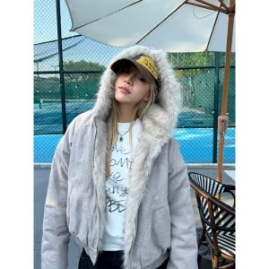 Giacca con cappuccio con collo in pelliccia retrò americana da donna Y2K Streetwear inverno nuova giacca casual allentata Harajuku calda ispessita in velluto 1