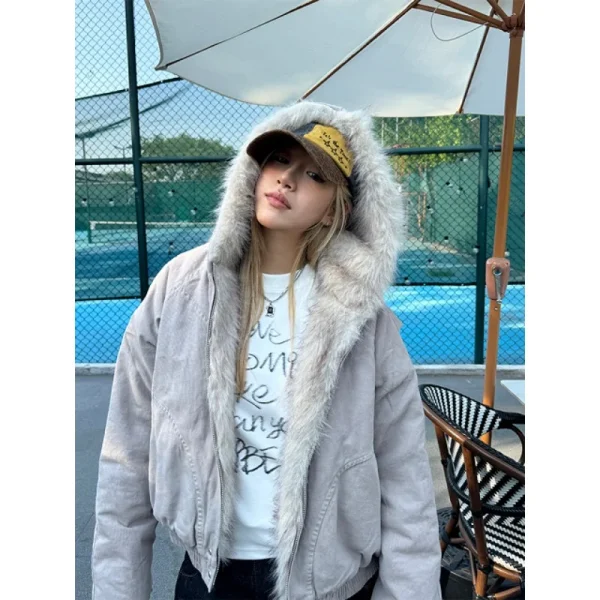 Giacca con cappuccio con collo in pelliccia retrò americana da donna Y2K Streetwear inverno nuova giacca casual allentata Harajuku calda ispessita in velluto 1