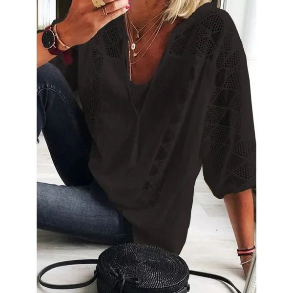 Tunica in cotone e lino da donna Top con scollo a V manica a 3/4 T-shirt allentata casual Moda donna Abbigliamento quotidiano 2023 2