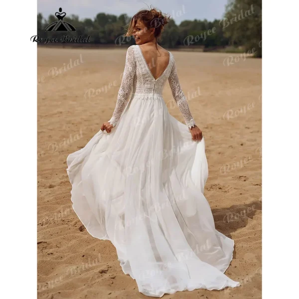 Abito da sposa senza schienale in pizzo a maniche lunghe con scollo a V Donna 2025 Elopement Beach Abito da sposa bohemien vestido de casamento Personalizzato 2