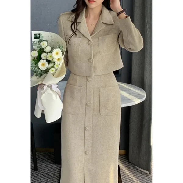 Insozkdg corea Chic Vintage elegante donna vestito giacca gonna monopetto cappotto corto vita alta lungo Hip Tweed gonna divisa Set 6
