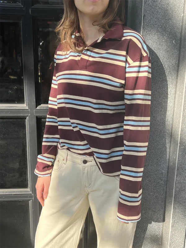 Polo estive Donna Manica lunga Crop Top Color Block Polo con stampa a righe verdi Mujer Top casual a righe Marrone Autunno 5
