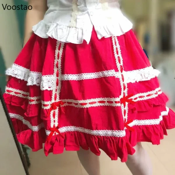 Minigonna giapponese dolce Lolita donna Harajuku Kawaii fiocco in pizzo volant gonne da festa ragazze vintage carino abito da ballo gonne torta 4
