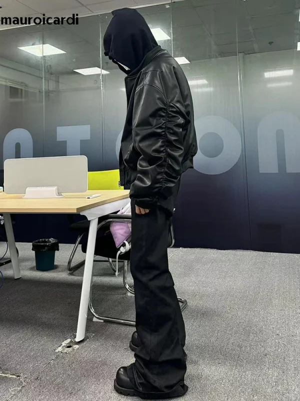 Mauroicardi Autunno Inverno Oversize Fresco Nero Addensato Caldo Pu Pelle Bomber Giacca da Uomo Cappuccio di Lusso Designer Falso 2 Vestiti 4