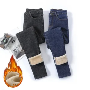 Jeans di design coreano per ragazze invernali Jeans di peluche termici caldi femminili Ragazze addensano pantaloni in denim elasticizzato Pantaloni slim fit blu 1