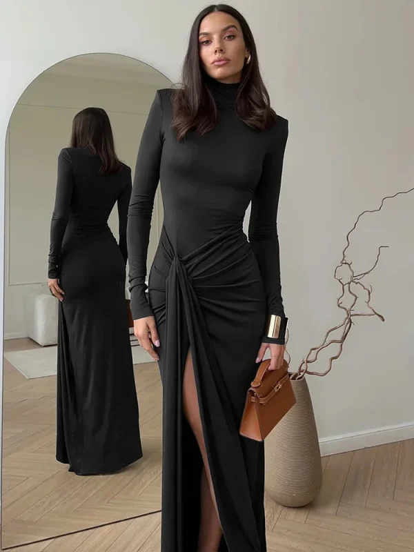 Abito lungo sexy con spacco alto e collo alto per le donne Abito lungo da club aderente con fasciatura drappeggiata a maniche lunghe alla moda 6