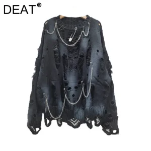 DEAT Pullover lavorato a maglia da donna Tie-dye Fori rotti Catene Spille Allentato Manica lunga O-Collo Maglioni 2025 Nuova moda Autunno 29A2729 1