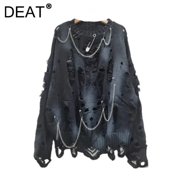 DEAT Pullover lavorato a maglia da donna Tie-dye Fori rotti Catene Spille Allentato Manica lunga O-Collo Maglioni 2025 Nuova moda Autunno 29A2729 1