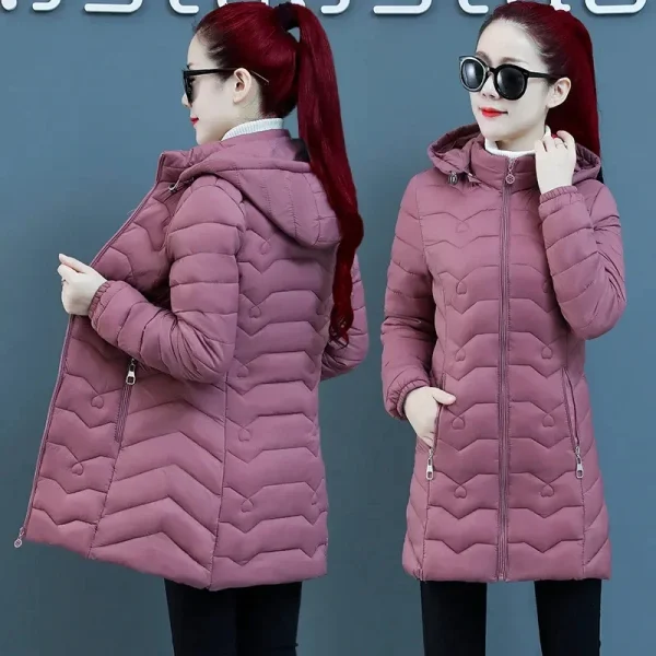 Nuovo Autunno inverno Parka Giacca imbottita calda moda donna Manica lunga con cappuccio Cappotto di cotone di media lunghezza femminile tuta sportiva sottile T528 4