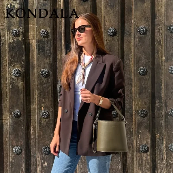 KONDALA 2025 Autunno Inverno Marrone Office Lady Blazer Moda Formale Elegante Couverture Colletto Donna Chic Solid Blazer 2