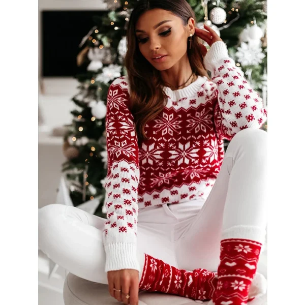 Maglione da donna Natale Fiocco di neve lavorato a maglia Manica lunga O Collo Maglione da donna Moda Casual Inverno Autunno Pullover stampato 1