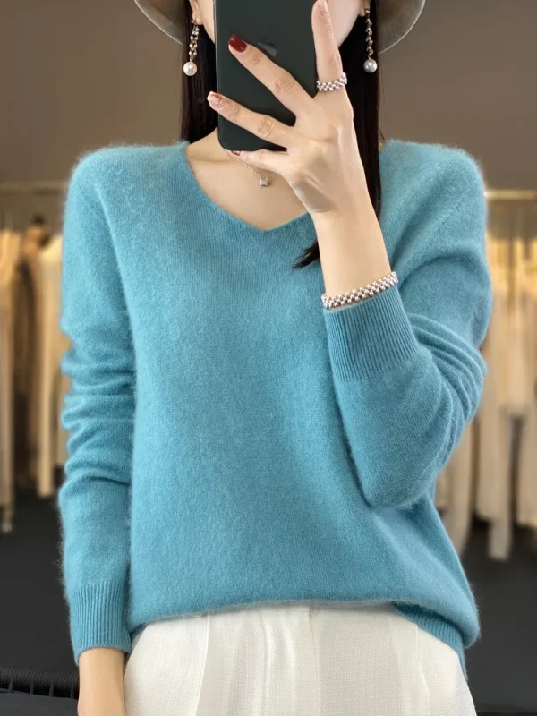 100% lana Merino maglione da donna con scollo a v pullover a maniche lunghe autunno inverno maglione di base maglieria in Cashmere abbigliamento femminile caldo 5